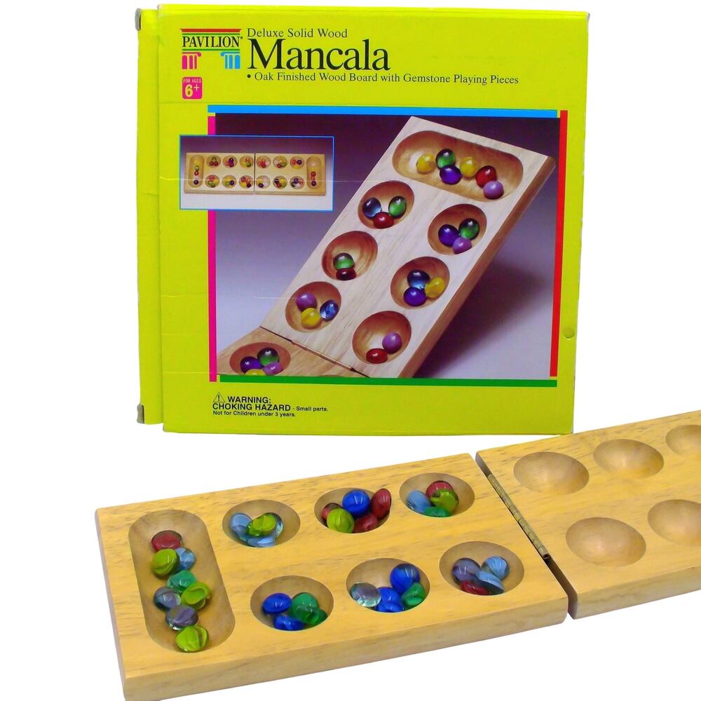 Vtg Pavilion Deluxe Solid Wood Mancala Board Game Gemstone Pieces Ages 6+